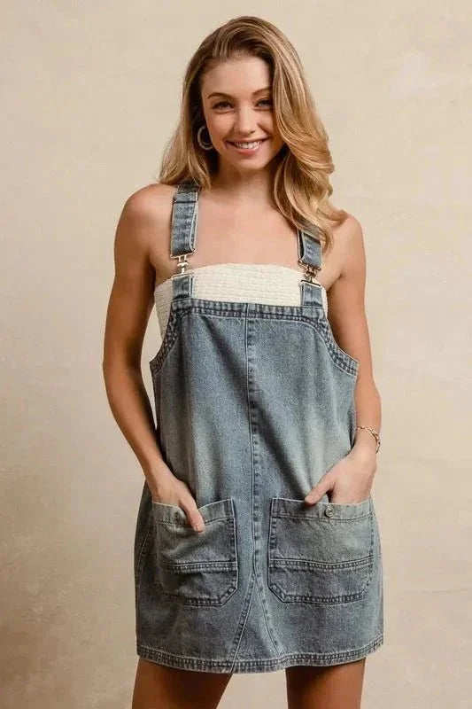 BiBi Washed Adjustable Strap Denim Overall Dress - VILLA FASHION